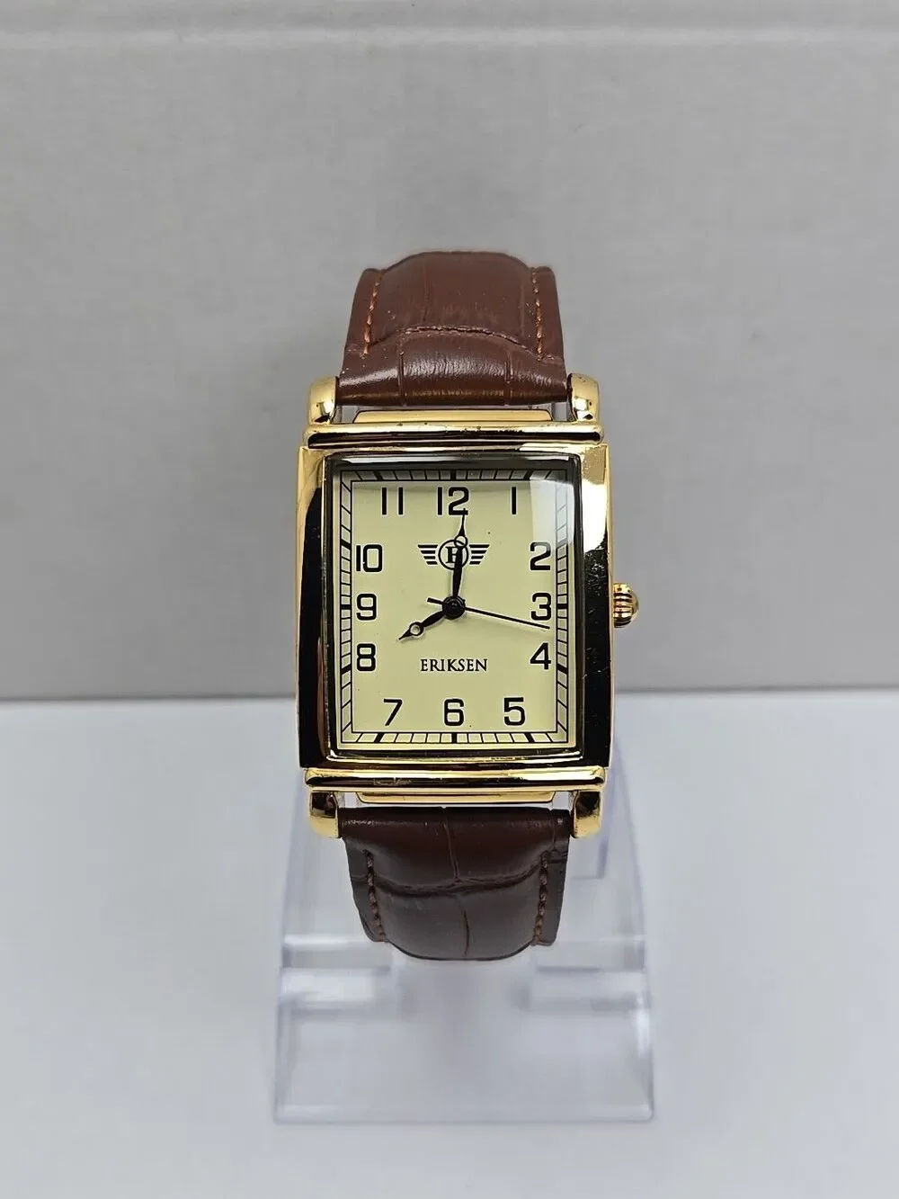 Eriksen The Classic Mens Gold Tone 30mm .Tank Watch New Battery Brown Leather